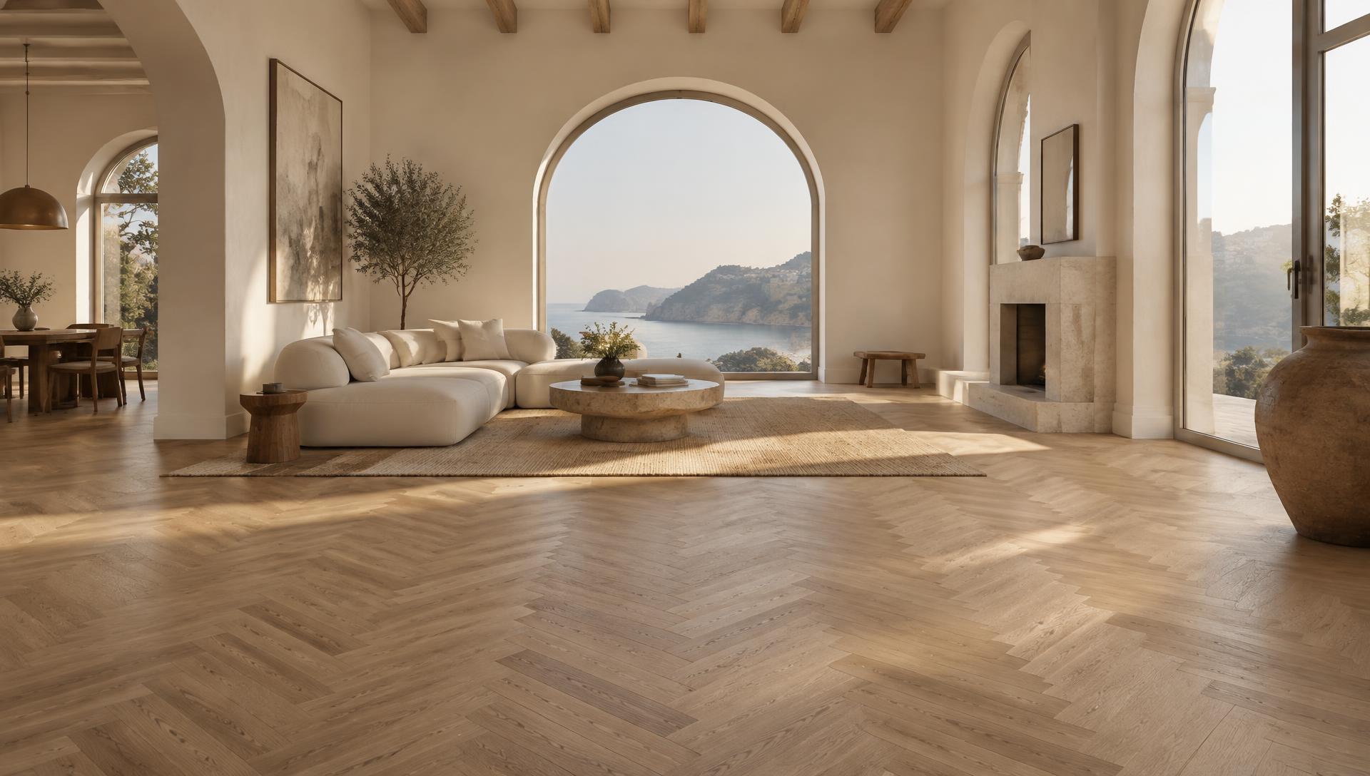 Natural oak herringbone parquet in a Mediterranean living room